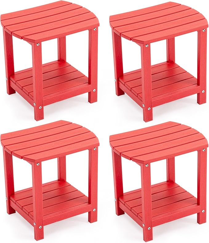 Adirondack Small Outdoor Side Table - Weatherproof HDPE Patio End Table with 2-Tier Storage for Firepit, Balcony, Garden, Poolside or Bathroom (Red, Set of 4)