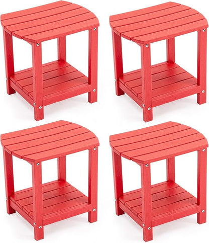 Adirondack Small Outdoor Side Table - Weatherproof HDPE Patio End Table with 2-Tier Storage for Firepit, Balcony, Garden, Poolside or Bathroom (Red, Set of 4)