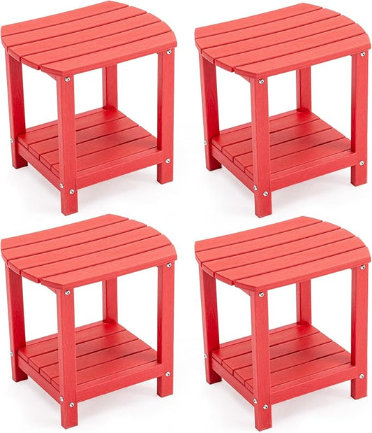 Adirondack Small Outdoor Side Table - Weatherproof HDPE Patio End Table with 2-Tier Storage for Firepit, Balcony, Garden, Poolside or Bathroom (Red, Set of 4)
