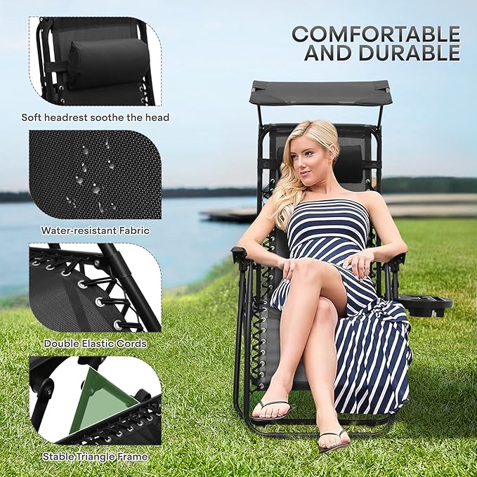 Athena Collection Folding Zero Gravity Chair with Canopy, Adjustable Lounge Chair Recliner, Outdoor Lawn Chair Camping Chairs Beach Chaise Chairs with Headrest & Cup Holder for Patio Pool, Black