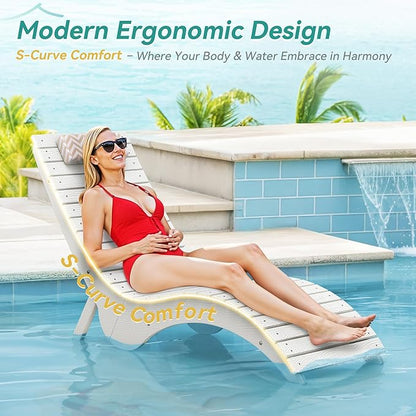 Pool Lounge Chairs - Anti-Floating HDPS Design for Pools & Backyard Sun Decks, Weighted Pool Chairs and Lounges for Poolside or Outside, Includes Headrest, White