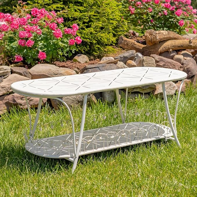 Zaer Ltd. Vintage Style Metal Patio Furniture with Heart Design Accents, Outdoor/Indoor Decor (Distressed White, Coffee Table)