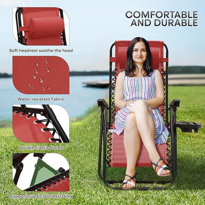 Athena Collection Zero Gravity Chair, Outdoor Lounge Chair with Adjustable Pillow and Cup Holder, Reclining Camping Chair for Outside Beach Lawn Garden Patio Poolside -Maroon