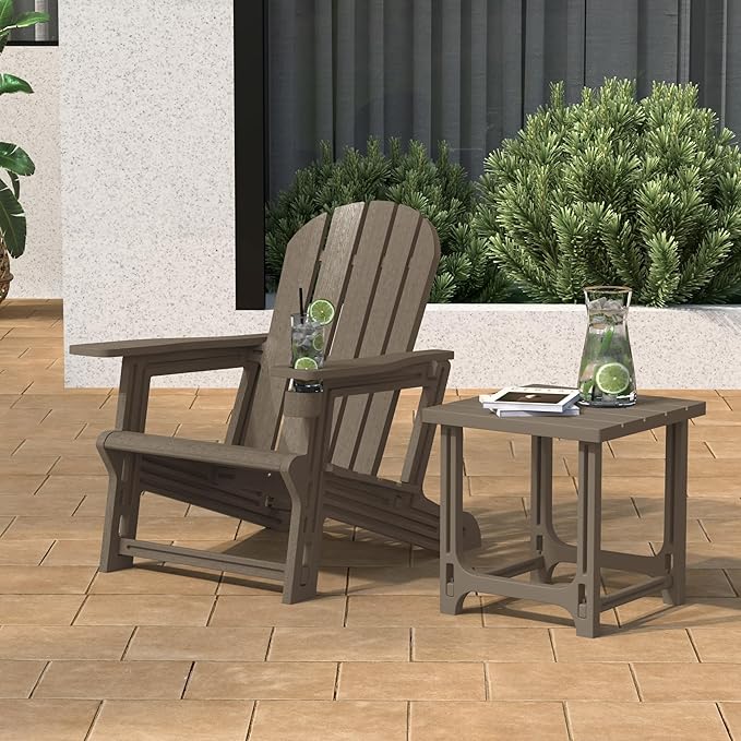 Costaelm Cayman 2-Piece HDPE Plastic Adirondack Patio Chair Set with 18" Side Table, Weathered Wood