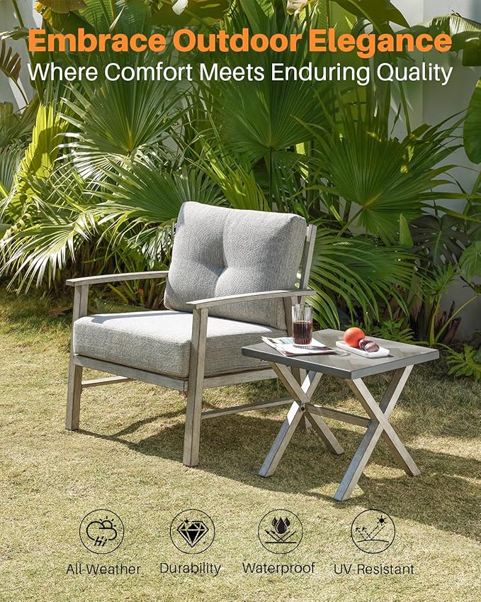 Aluminum Patio Furniture Set, 3 Pieces Outdoor Patio Bistro Set with Washable Thick Cushions, All Weather Patio Conversation Set with Coffee Table for Porch, Balcony, Lawn, White Oak