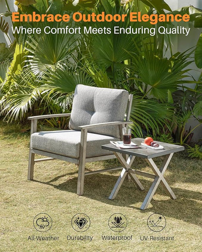 Aluminum Patio Furniture Set, 3 Pieces Outdoor Patio Bistro Set with Washable Thick Cushions, All Weather Patio Conversation Set with Coffee Table for Porch, Balcony, Lawn, White Oak