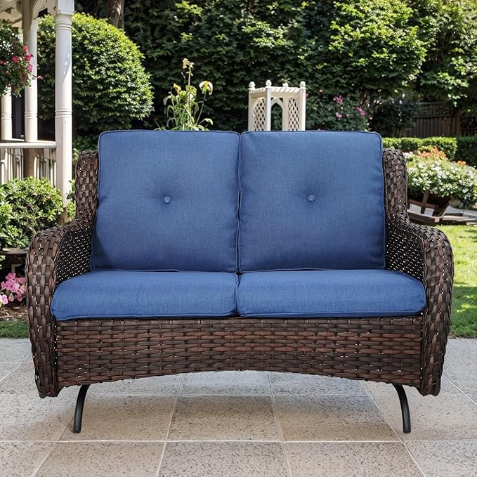 Patio Loveseat Wicker Loveseat Rattan Glider Sofa with Curved Armrest Thicking Back & Seat Cushions for Garden Balcony Backyard Brown Wicker|Blue Cushions (A) Patio Loveseat Glider