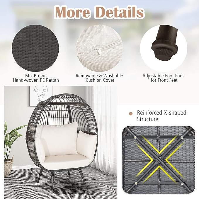 Giantex Oversized Wicker Egg Chair, Outdoor & Indoor Hammock Chair with Thick Cushions, 2-Person PE Rattan Lounge Chair Swing Chair for Patio, Backyard,Porch, 450 LBS Weight Capacity (Mix Brown)