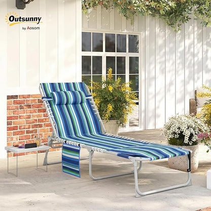 Outsunny Tanning Chair with Face Hole, Side Table, 5-Position Reclining Folding Chaise Lounge Chair Outdoor Lounger Recliner, Carry Straps for Beach Pool Camp, Oxford Fabric, Blue Stripe