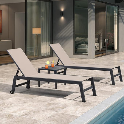PURPLE LEAF Outdoor Chaise Lounge with Wheels for Outside 2 Pieces Aluminum Patio Lounge Chair with 5 Adjustable Position Recliner for Patio, Beach, Yard, Pool, Side Table Included, Beige