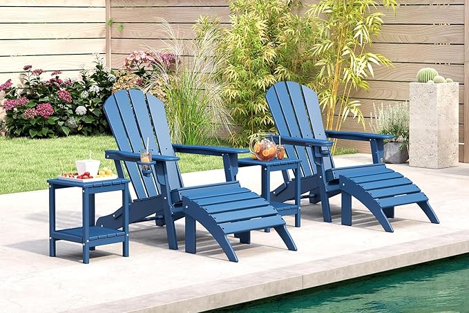 BRIOPAWS Folding-Adirondack-Chair | HDPE Plastic | Fire Pit Chairs | Cup Holder | Curved Back | All Weather | for Outdoor Backyard Deck Patio | Blue