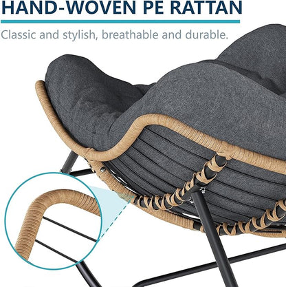 Outdoor Rocking Chair, Oversized Papasan Chair, Indoor Comfy Lounge Rocker with Cushion for Patio, Living Room, Porch, Balcony-Dark Grey