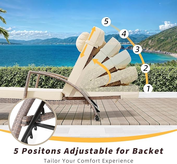 2 Pieces Pool Chaise Lounge Chairs, All-Weather Outdoor Rattan Reclining Chair with Cushion - Photo 3
