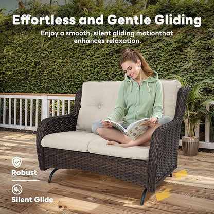 Belord 4 Piece Patio Wicker Furniture Set, Outdoor Swivel Rocker Chairs, All Weather Outdoor Patio Loveseat with Cushion and Coffee Table for Deck Porch, Brown Wicker/Beige