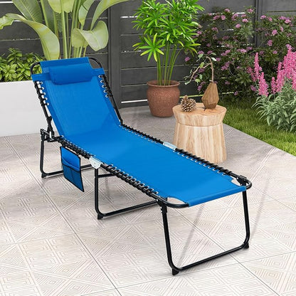 Goplus Chaise Lounge Chair, Outdoor Folding 5-Postion Beach Lounge Chair with Detachable Pillow, Side Pocket, Adjustable Tanning Chair for Patio Lawn Pool Yard