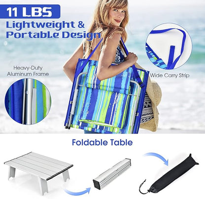 Tangkula 3-Piece Beach Chairs Set for Adults, Lightweight Lawn Lounge Chairs with 5 Adjustable Recline Positions, Zipper Pocket, Backpack 2 Pack with Folding Side Table (Stripe)