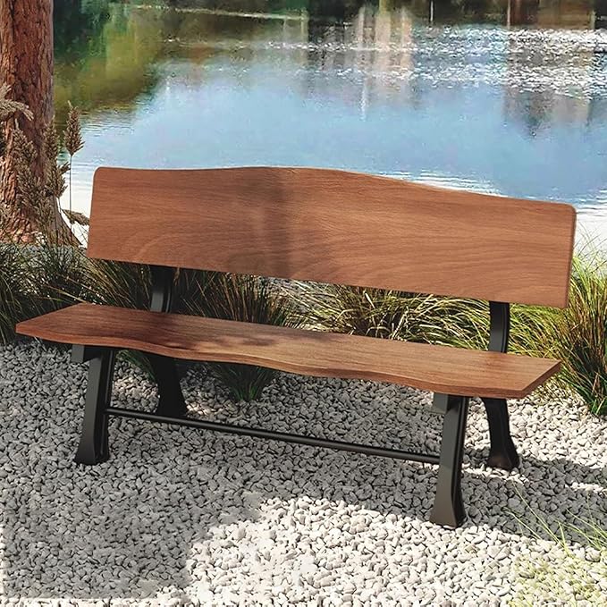Outdoor Garden Bench, Metal Bench, Patio Wood Bench Park with Backrest, Bench Chair, for Patio Lawn Balcony Yard Porch(Brown,59x20.4x29.1in)