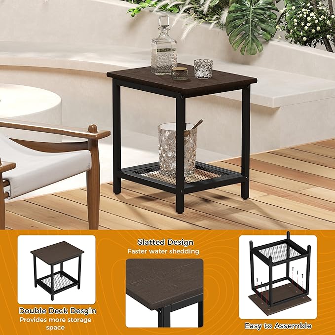 2-Tier Outdoor Side Table with Storage, Weather Resistant Patio End Table, HDPS Small Accent Table for Deck, Garden, Pool, Backyard, Brown