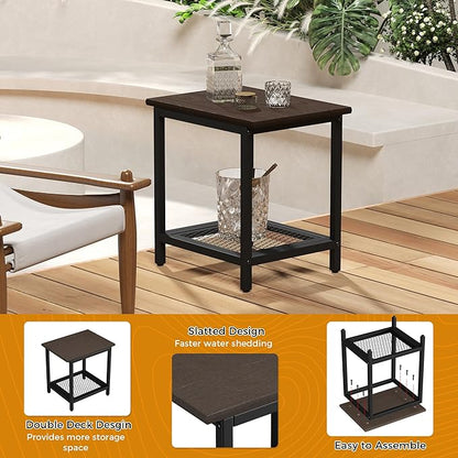 2-Tier Outdoor Side Table with Storage, Weather Resistant Patio End Table, HDPS Small Accent Table for Deck, Garden, Pool, Backyard, Brown