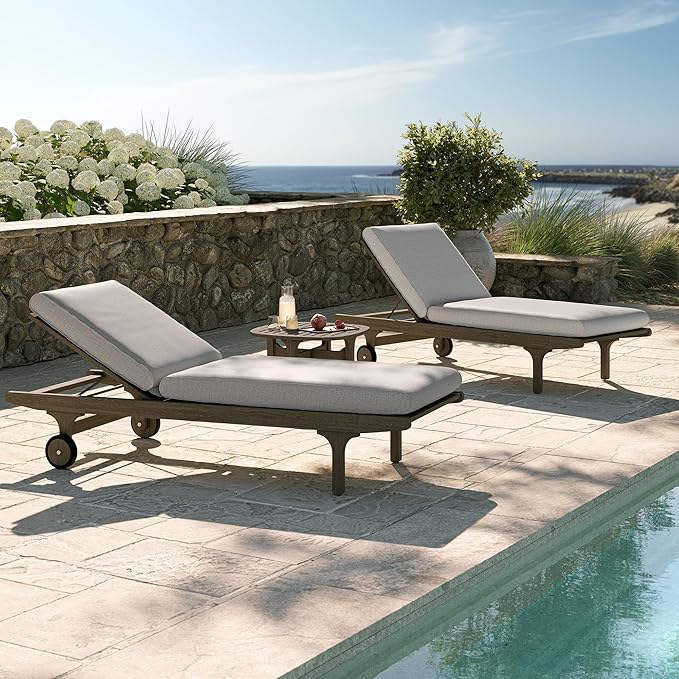 Modway Saratoga Teak Wood Set of 2 Chaise Lounge Chairs and Side Table in Pebble - 3-Piece Outdoor Furniture Set