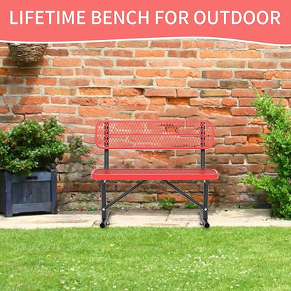 4 Ft Metal Park Bench for Outside, All-Weather Thermoplastic Coating Outdoor Bench with Backrest, Commercial Heavy Duty Benches for Shopping Malls, Stores, Parks, Patios, Decks, Red