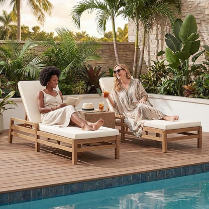 Outdoor Chaise Lounge Chair, Patio Chaise Lounge Recliner with Adjustable Backrest, Acacia Wood Poolside Chaise Lounge with Thick All-Weather Cushions for Patio, Deck and Backyard(A)