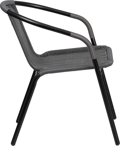 EMMA + OLIVER Set of 4 Modern Rattan Indoor/Outdoor Stack Chairs, Stacking Rattan Patio Chairs with Curved Back and Cross Bracing, Gray