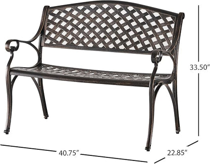 Merax Outdoor Garden Bench 41" Cast Aluminium Bench for 2 Person Seat with Backrest Armrests, Antique Copper Finish Mesh Pattern Patio Bench for Lawn Yard Porch Park Path Deck