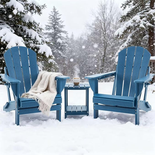 Folding Outdoor Adirondack Chairs Set of 2 with HDPE Side Tables-Plastic Weather Resistant Patio Chairs with Small Outdoor Side Tables 2 Storage for Patio,Fire Pit, Garden and Backyard