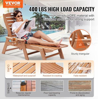 VEVOR Chaise Lounge Chair, 400 lbs Weight Capacity, 6 Positions Adjustable Patio Lounge Chair, Outdoor HDPE Lounge Chair with Backrest & Cup Holder, for Pool Poolside Deck Backyard Lawn, Brown