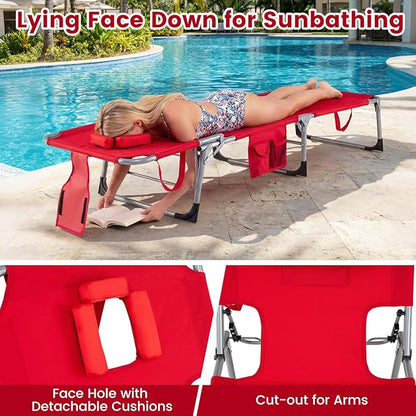 Giantex Face Down Tanning Chair, Folding Beach Lounge Chair w/ 4-Position Adjustable Backrest, Outdoor Sunbathing Lounge Chair w/Face Arm Holes & Storage Pocket for Patio Deck Poolside (1, Red)