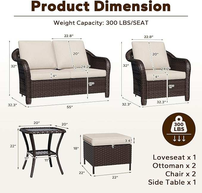 6 Piece Patio Wicker Conversation Set, All-Weather Use Outdoor Wicker Loveseat with 2 PE Rattan Ottomans,2 Chair, 1 Side Table, Ideal for Porch, Backyard, Balcony, Poolside, Beige