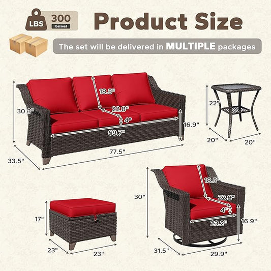 6 Pieces Patio Conversation Furniture Set - 1 Sofa, 2 Swivel Chairs, 2 Ottomans, 1 Side Table, Outdoor Wicker Furniture with Removable Cushions for Porch, Balcony, Sunroom (Red)