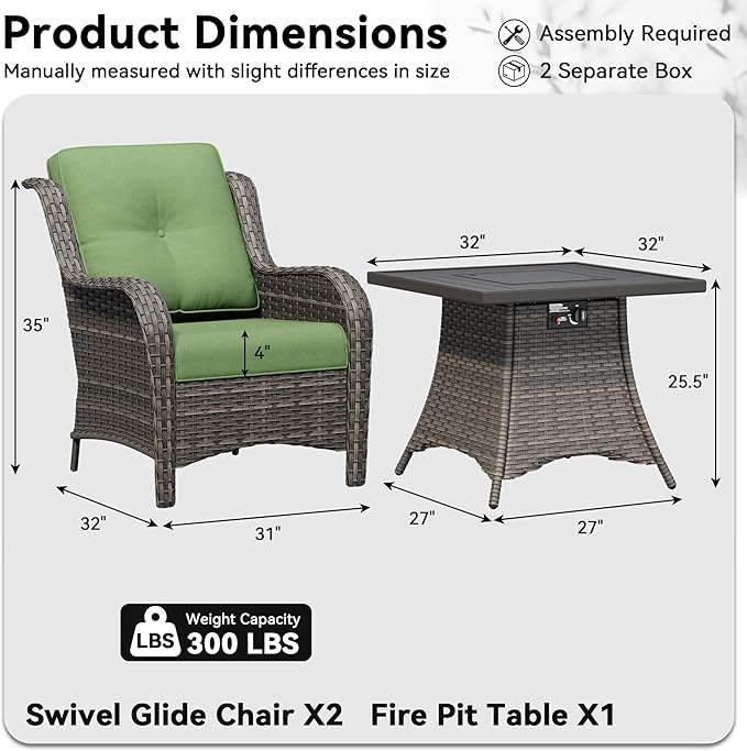 3 Pieces Outdoor Wicker Patio Furniture Set with Fire Pit Table, Patio Chair Set with Thickened Olefin Cushions - Photo 2