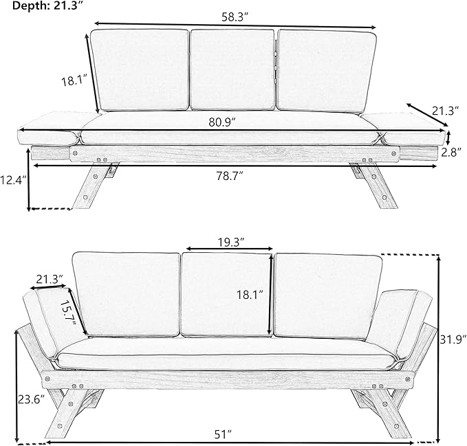 Merax Patio Sofa, Outdoor Adjustable Wooden Daybed, Chaise Lounge with Cushions, Natural+Beige - Photo 2