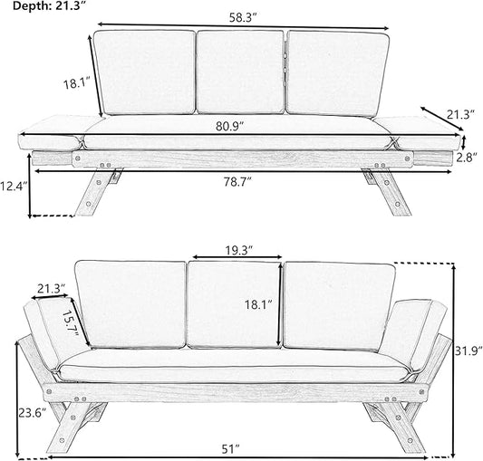 Merax Patio Sofa, Outdoor Adjustable Wooden Daybed, Chaise Lounge with Cushions, Natural+Beige