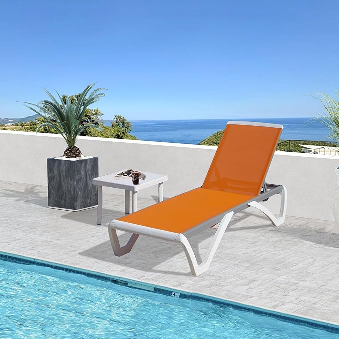 Domi Outdoor Chaise Lounge Chair, Aluminum Patio Lounge Chair with 5 Position Adjustable Backrest and Side Table, for Poolside, Beach, Yard(1 Orange Chair W/Table)