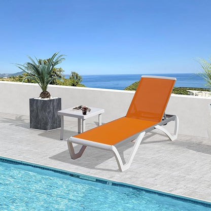 Domi Outdoor Chaise Lounge Chair, Aluminum Patio Lounge Chair with 5 Position Adjustable Backrest and Side Table, for Poolside, Beach, Yard(1 Orange Chair W/Table)