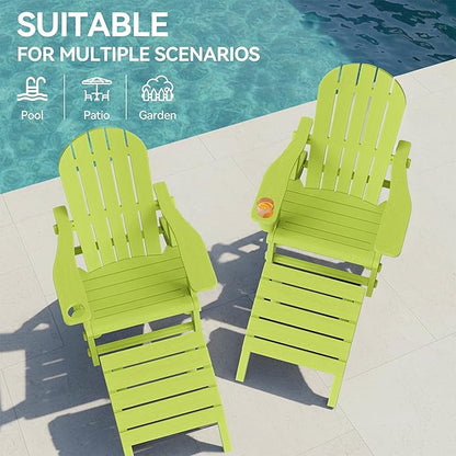 Vongrasig Adirondack Chairs Set of 2 with Removable Tabletop and Footrest, All-Weather HDPE Outdoor Chair Set with Wooden Textured, Cup Holder for Patio, Poolside, Deck, Garden, Green