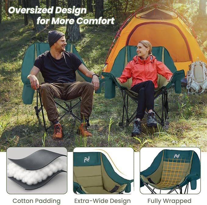 ABORON Oversized Rocking Camping Chair for Adults, Fully Padded Folding Outdoor Lawn Chair with Cooler Bag & Side Pocket, Portable Recliner Chair for Camp, Patio, Backyard, Supports 400 lbs