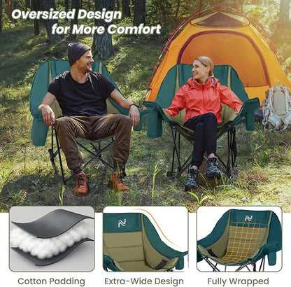 ABORON Oversized Rocking Camping Chair for Adults, Fully Padded Folding Outdoor Lawn Chair with Cooler Bag & Side Pocket, Portable Recliner Chair for Camp, Patio, Backyard, Supports 400 lbs