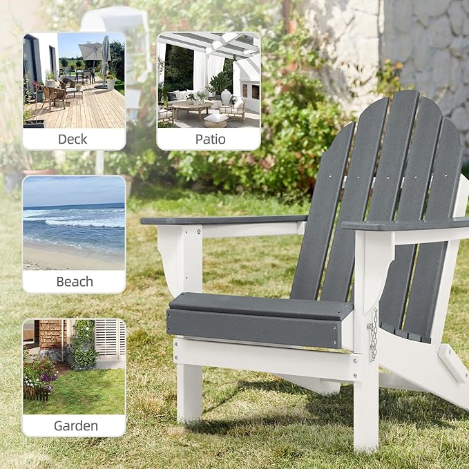 Aoodor HDPE Outdoor All-Weather Folding Adirondack Chair for Patio, Garden, Backyard, Lawn, Fire Pit, Set of 2, Gray