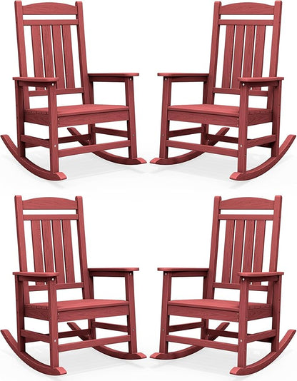 SERWALL Patio Rocking Chairs Set of 4, HDPE Outdoor Rockers for Adults, Oversized All-Weather Porch Rocking Chairs, Red