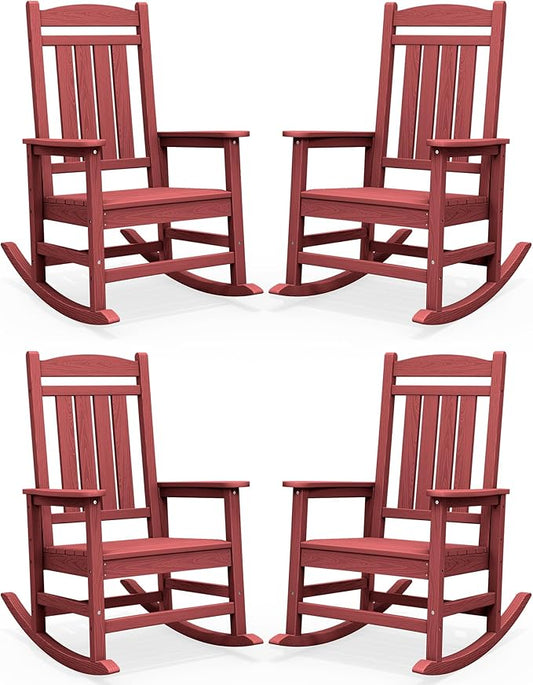 SERWALL Patio Rocking Chairs Set of 4, HDPE Outdoor Rockers for Adults, Oversized All-Weather Porch Rocking Chairs, Red
