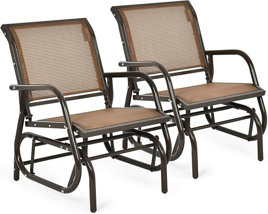 Giantex Swing Glider Chair W/Study Metal Frame Comfortable Patio Chair Love-Seat for Garden, Porch, Backyard, Poolside, Lawn Outdoor Rocking Chair (2, Brown)