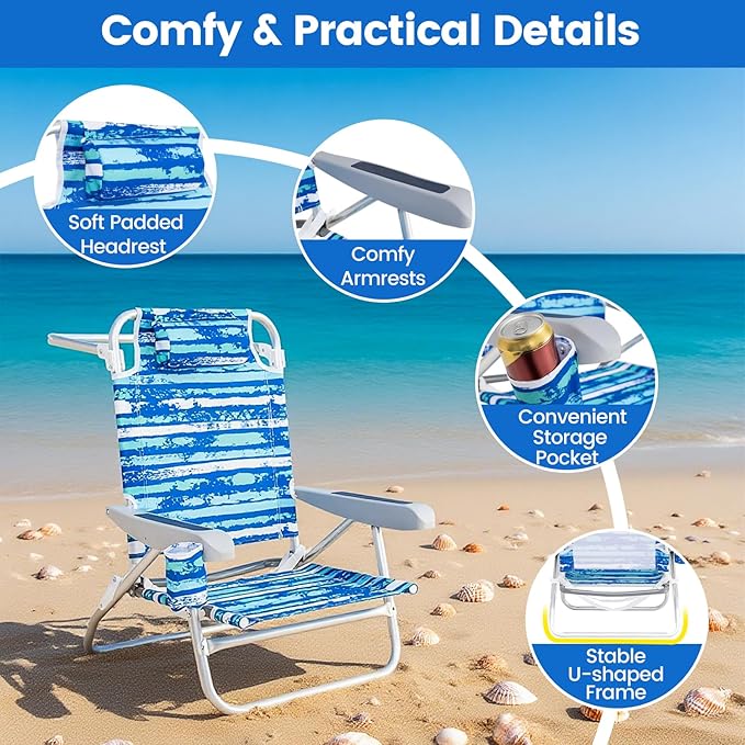 GYMAX Beach Chairs, 2Pcs Folding Camping Chair with Adjustable Backrest, Shoulder Strap, Cup Holder & Headrest - Photo 5