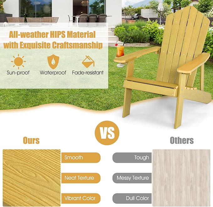 Giantex Outdoor Adirondack Chair - Oversized Patio Chairs w/Hidden Cup Holder, Realistic Wood Grain, 380 LBS Weight Capacity, Weather Resistant Firepit Chairs for Backyard, Garden (1, Yellow)