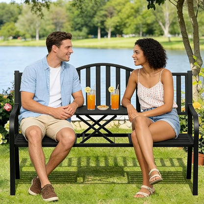 SHGJ&SOFT Outdoor Bench, Garden Bench,Outdoor Metal Frame Patio Park Bench with a Small Table,for Porch, Lawn,Garden,Yard (BK04-2PACK)