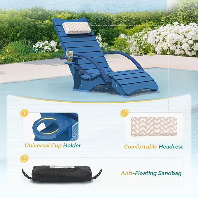 Pool Lounge Chairs, Shallow Water 8-10 Inches Deep, HDPS Fade Resistant Pool Tanning Chair with Armrest, Cup Holder - Photo 5