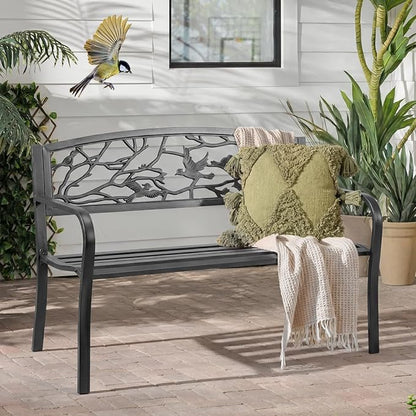 VINGLI Outdoor Bench for Patio Metal Garden Bench w/PVC Back Pattern, Black Park Benches Front Porch Benches for Yard Lawn Decor Deck Entryway (Black-Bird)